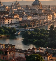 City panorama in warm evening light