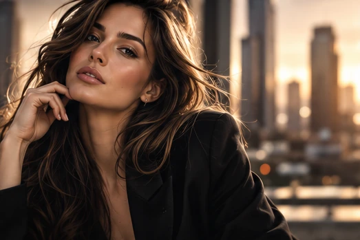Retrato de moda con blazer negro y un paisaje urbano de fondo